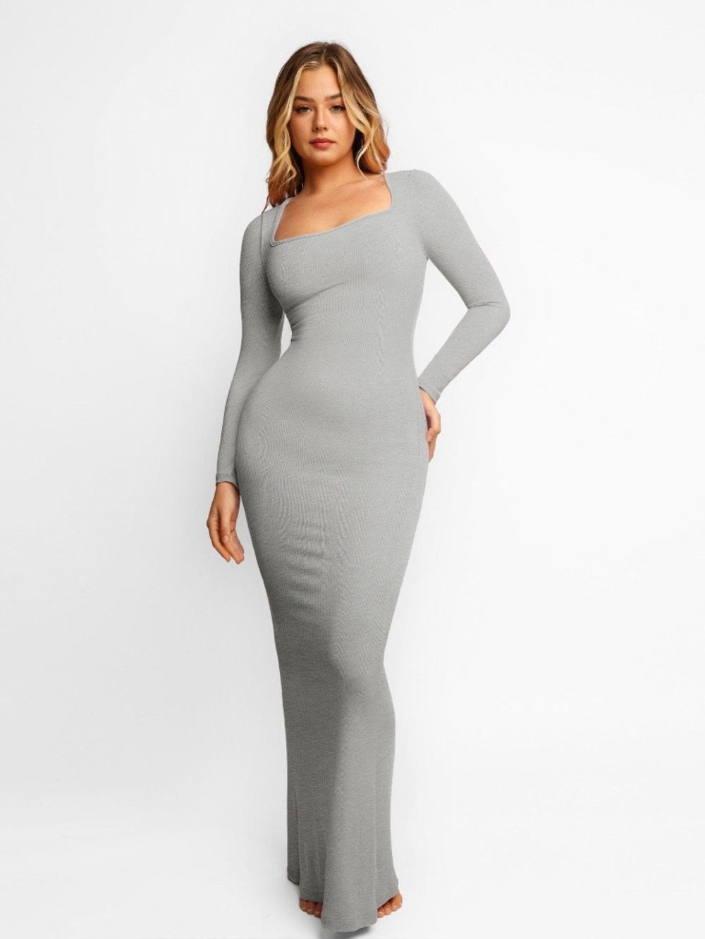 Popilush Shapewear Square Neck Long Sleeve Slimming Modal Maxi Dress